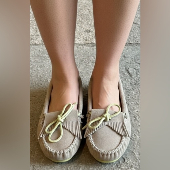 Minnetonka Shoes - MINNETONKA 326x Beige/Tan Suede Nubuck Moccasins Neon Yellow Tie Soles W’s 8